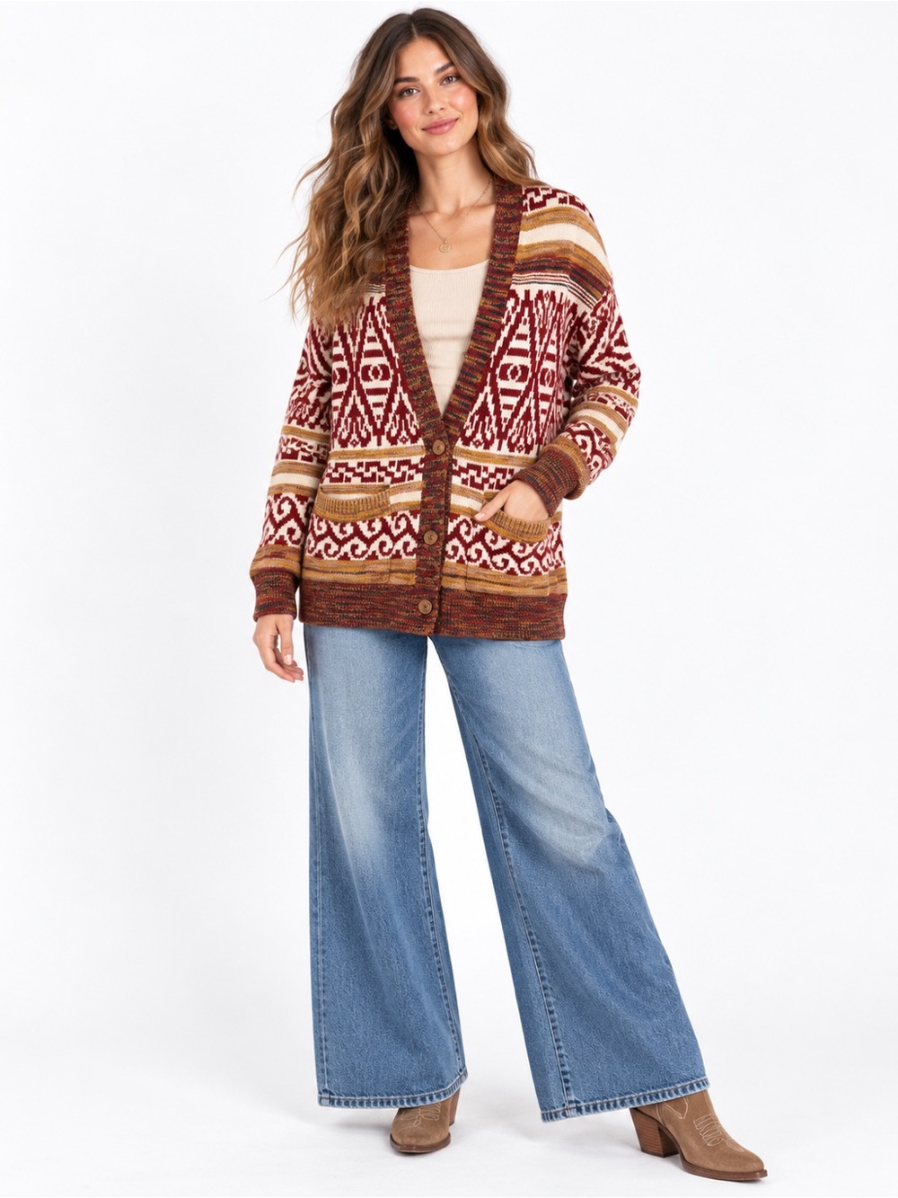Lucky Brand L Southwestern Aztec Cardigan Boho Western Grandpacore Sweater
